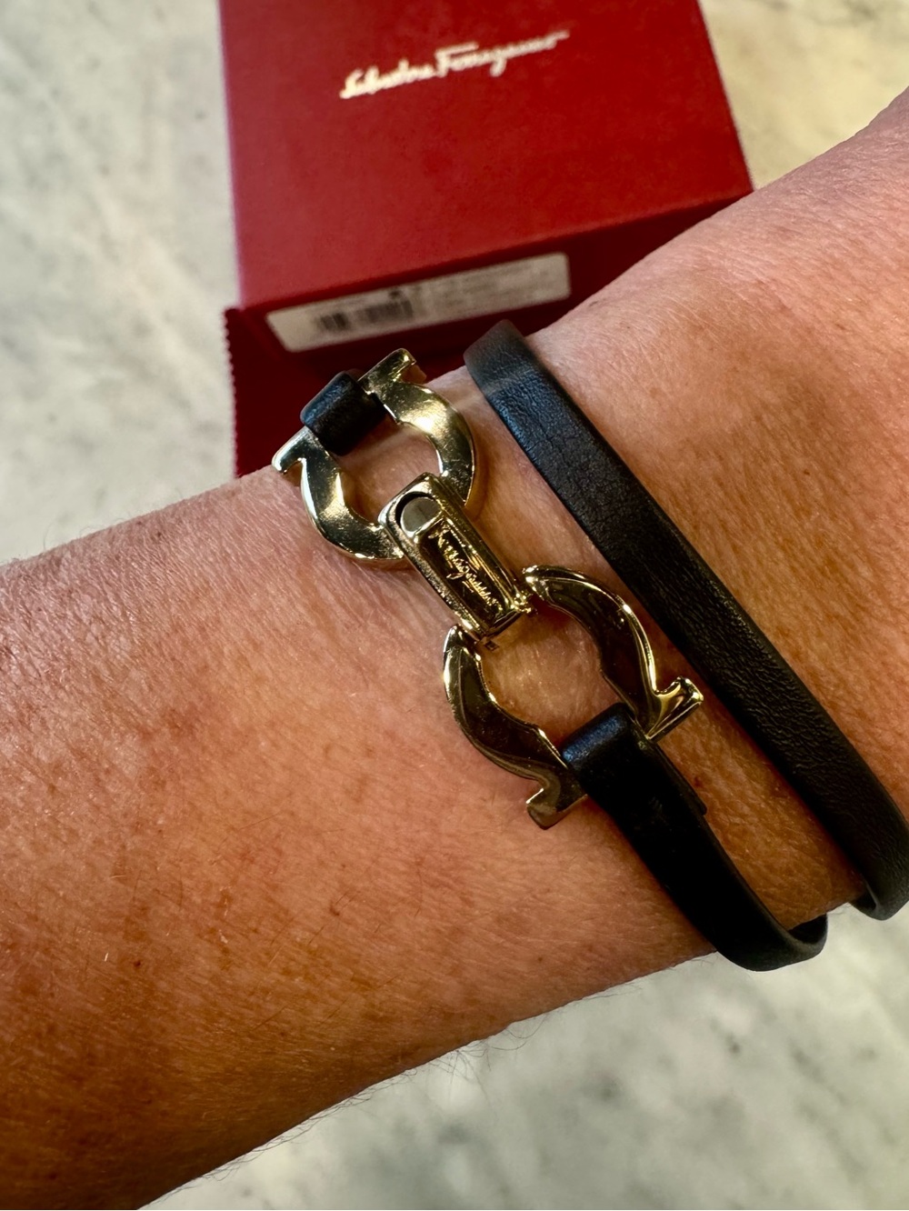 Salvatore Ferragamo Double Wrap Gancini Leather Bracelet BlackGold Made in Italy